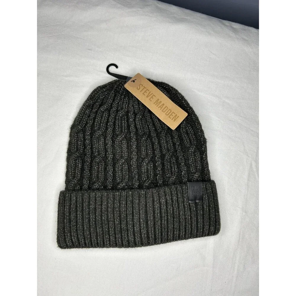 Steve Madden Hat Beanie Cuffed Cable Knit Ribbed OS Heather Black Winter Outdoor